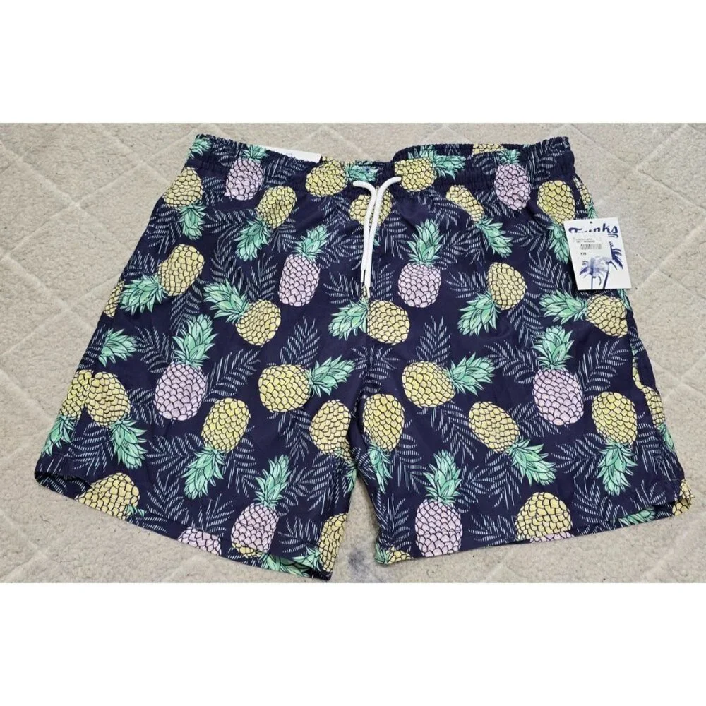 Trunks Mens Navy Blue Pineapple Print Swim Shorts‎ Drawstring Waist size 2XL NWT